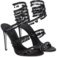 Sangeuhhlk Womens Tassel Stiletto High Heels Sexy Open Toe Round Toe Pumps Rhinestone Wrap Around Prom Wedding Evening Shoes