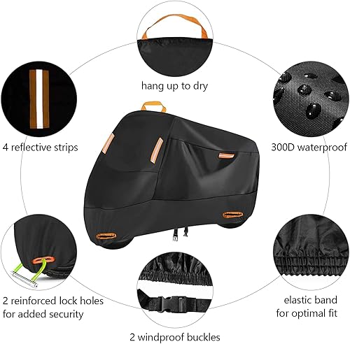 Miniatura 10 de Funda para motocicleta 300D, resistente, duradera, impermeable, para exteriores, protección para todas las estaciones, con 7 tiras reflectantes y 2