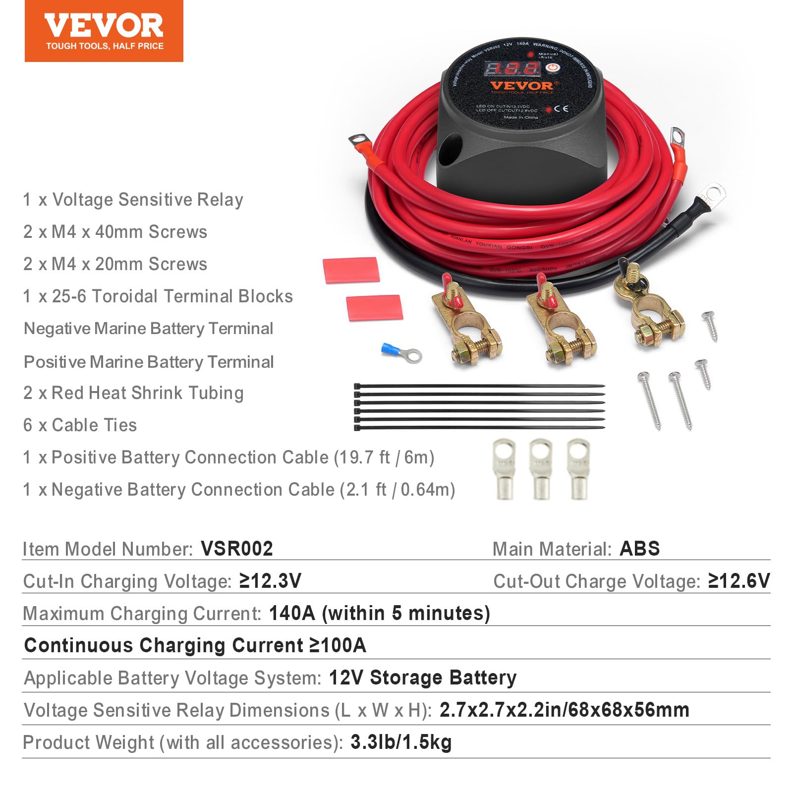 VEVOR Kit isolateur batterie double, 12 V 140 A, relais sensible à la tension VSR avec écran LCD, modes manuel et automatique pour ATV, UTV, camping-car tout-terrain, caravane, camion, bateau, yacht