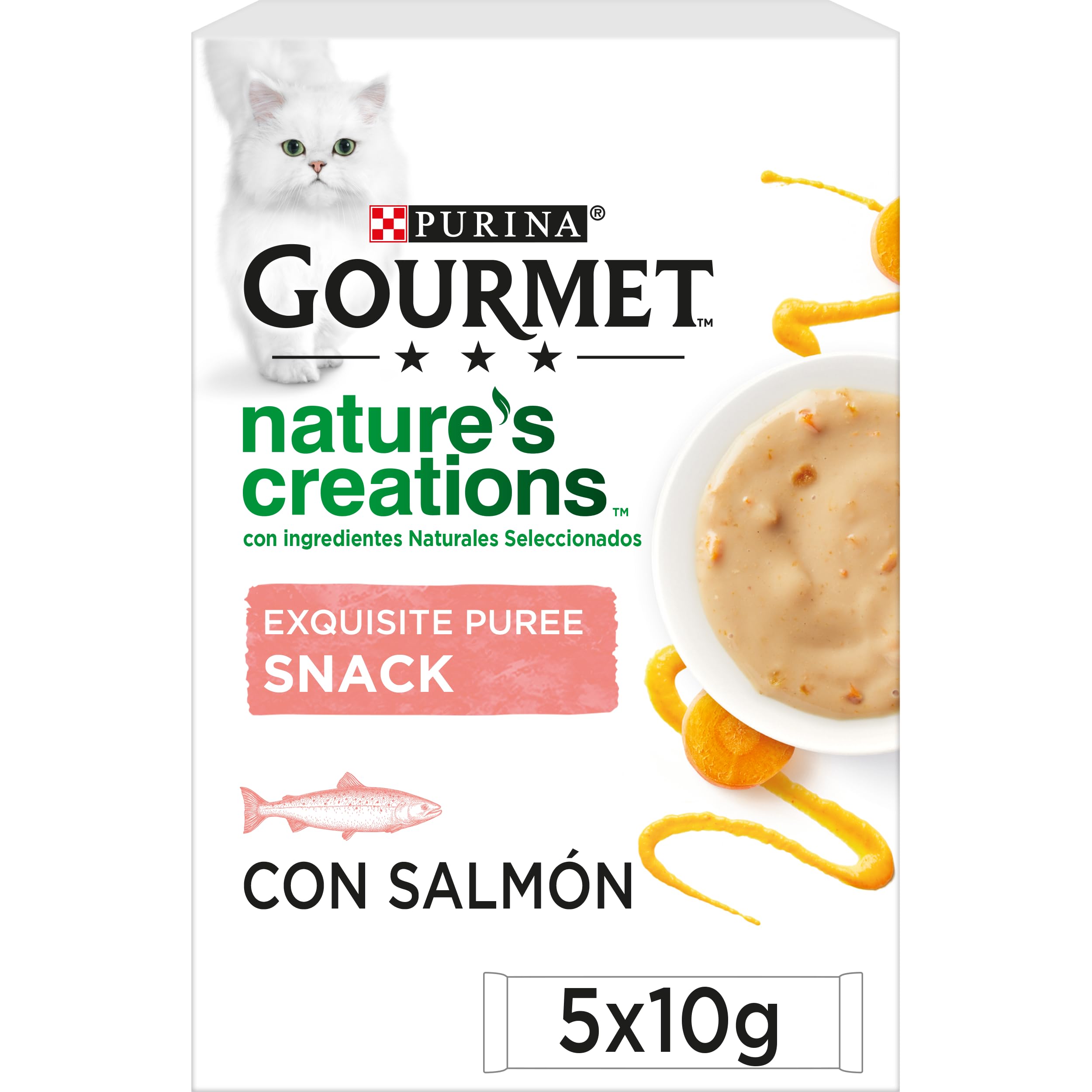 Purina Gourmet Nature's Creations Puree, Snack, premio para Gato con Salmón y Zanahoria, 11 Packs de 5 sobres de 10g - 55 sobres