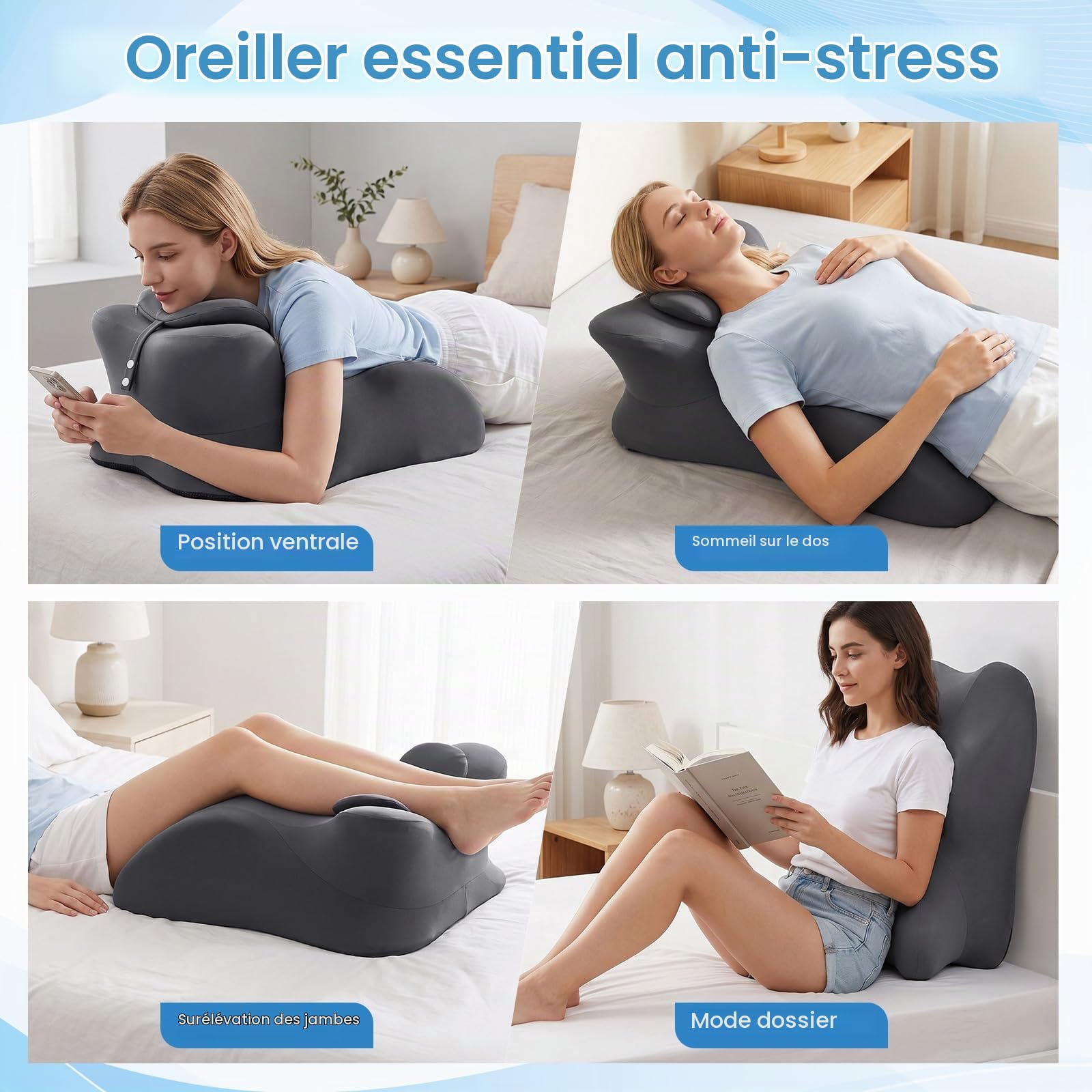 OKYUK Coussin en Mousse à Mémoire de Forme pour Dormir et Lire, Coussin de Lit Polyvalent pour Soutien Dorsal et Surélévation des Jambes, Coussins de Couple avec Housse Amovible et Lavable (Gris)