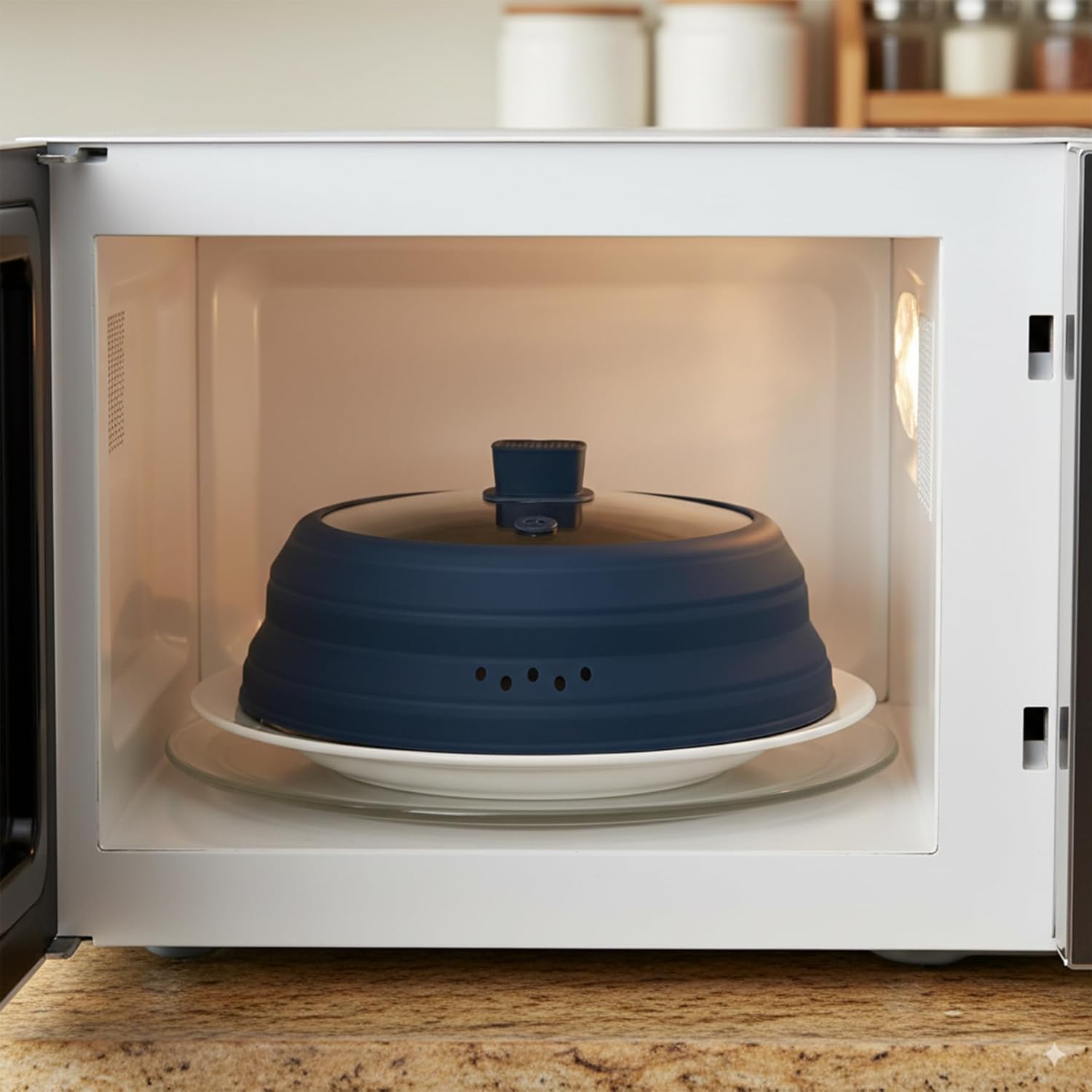 Microwave Splatter Cover Glass Microwave Cover for Food Collapsible Splatter Guard Lid with Silicone Handle for Pot Plate Bowl 10.8 Inch Blue