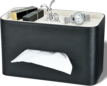 Rectangular Tissue Box Cover for Kleenex, PU Leather Tissue Box Holder, Rectangle Tissue Covers with Cute Silver Bunny, Decorative Tissue Holders for Bathroom, Car, Home, Office - Black