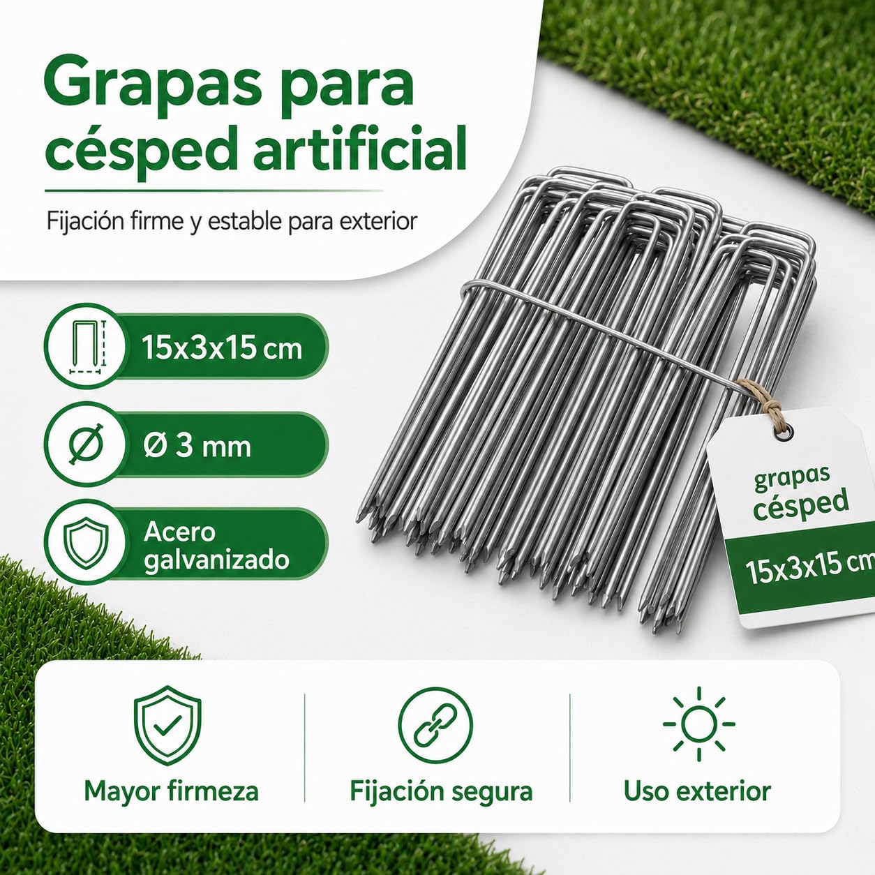 Grapas para Césped Artificial - 100 Piquetas + 16 Arandelas - Mallas Antihierba - Piquetas Camping Suelo Duro - Clavos Jardín - Anclaje Suelo - Metal - 3mm - 15x3x15cm