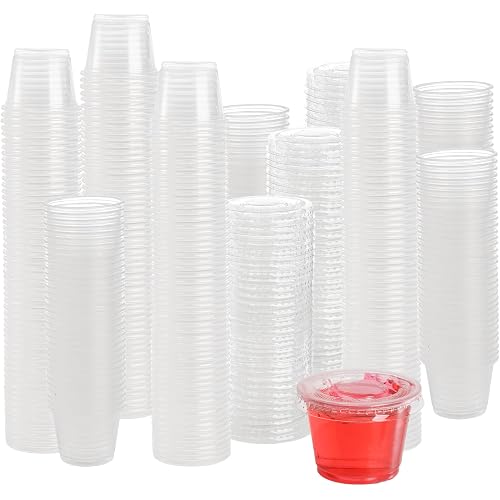 Hedume 600 Sets 1 Oz Disposable Portion Cups with Lids, Clear Jello Shot Cups, Plastic Souffle Portion Cups, Sampling Cups with Lids, Sauce Cups