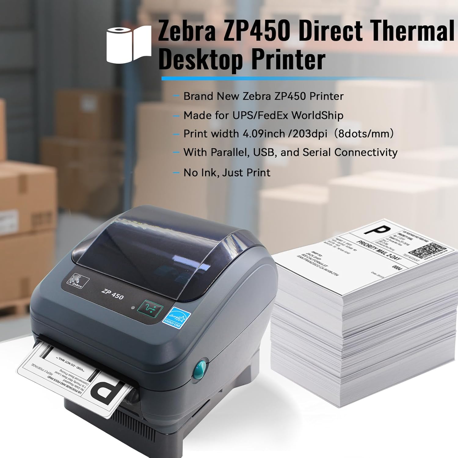 New Zebra ZP450 Direct Thermal Label ZP 450 Barcode Printer | USB, Serial, and Parallel Connectivity 203 DPI Resolution - 1 Year Warranty - Image 2