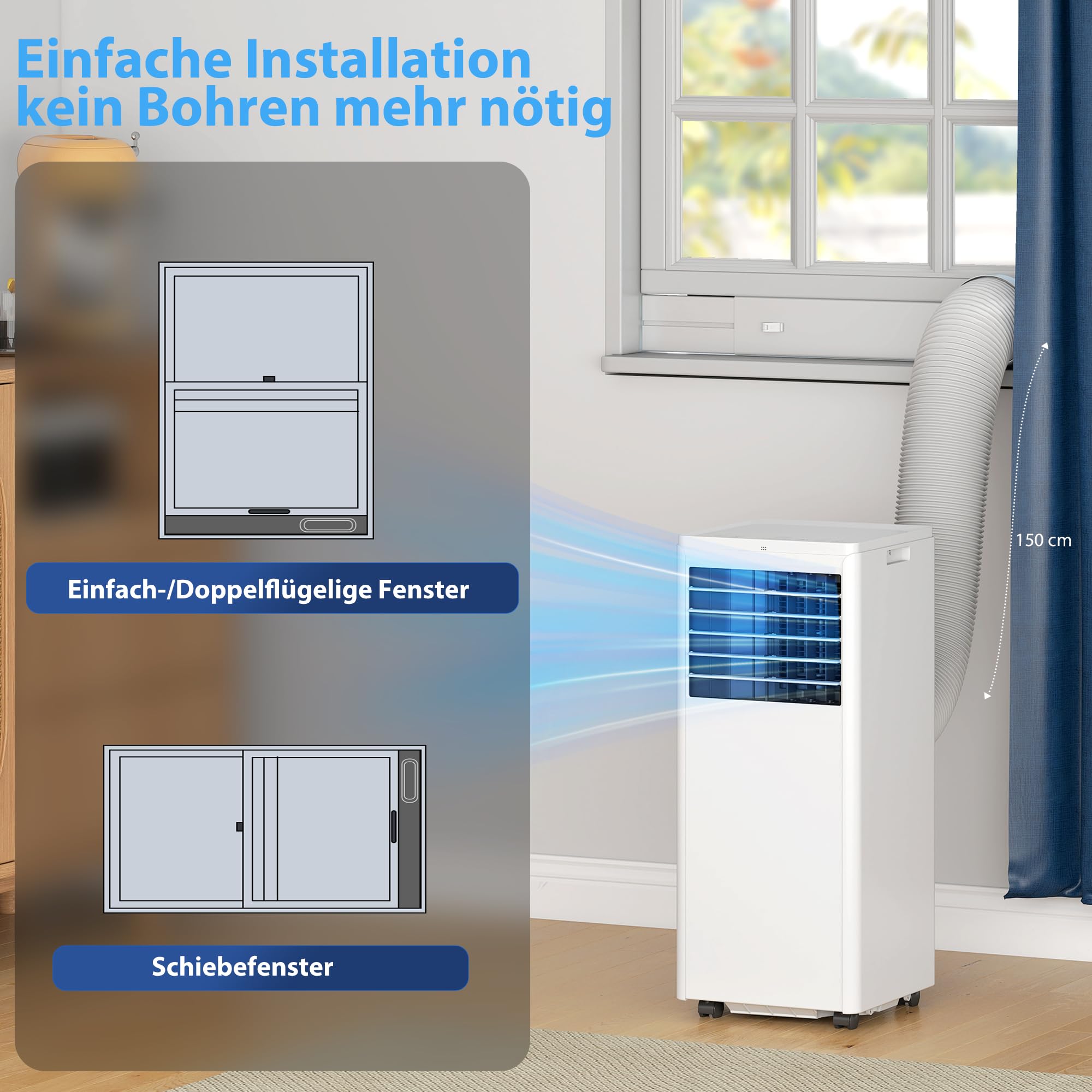 HOMCOM Przenośny klimatyzator z wężem wylotowym 9000 BTU 1010 W, mobilny klimatyzator 4 w 1, chłodzenie, wentylacja, osuszanie 42 l/dzień, tryb snu, timer 24 h, pilot zdalnego sterowania, zestaw