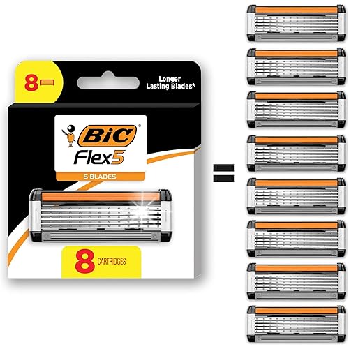 BIC Flex 5 Refillable Razors for Men, Long-Lasting 5 Blade Razors Refills for a Smooth and Comfortable Shave, 8 Razor Cartridges