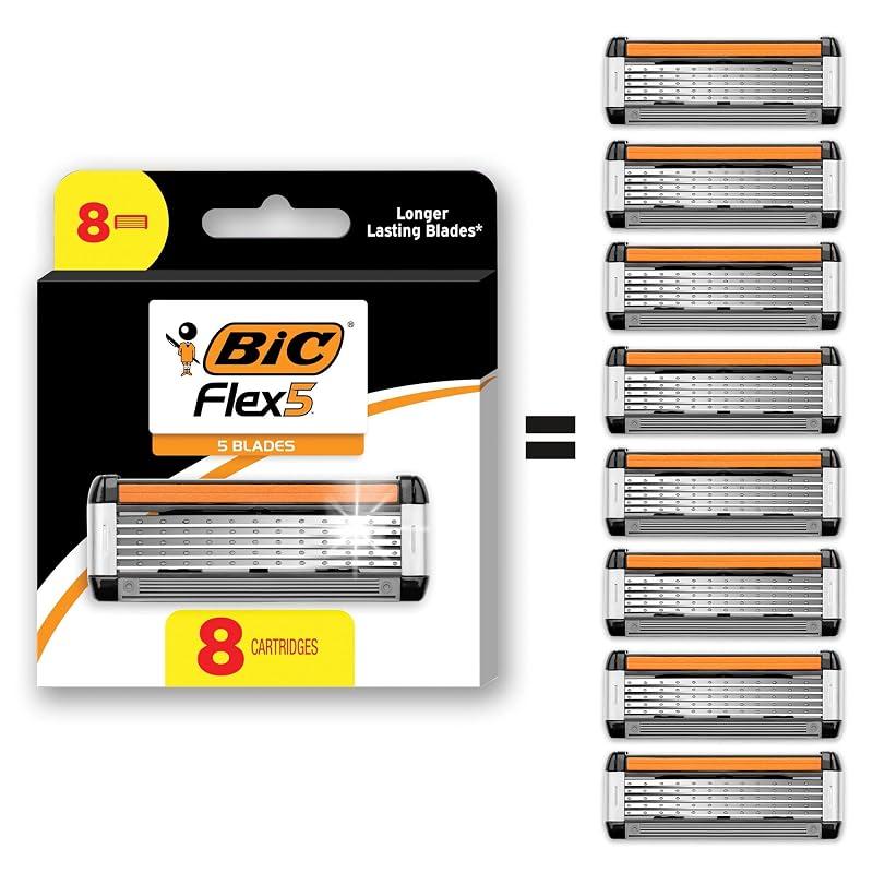 Recargas de cartucho para aparelho de barbear masculino BIC Flex 5 com 5 lâminas, Pacote com 8
