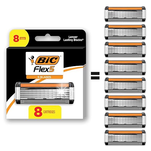 BIC Flex 5 Men's 5-Blade Razor Cartridge Refills, 8-Pack | Lubricating Strip with Aloe and Vitamin E | Precision Edging Blade for Tricky Spots | Refillable Cartridges for Convenience