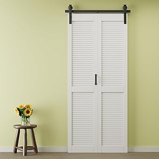 Preassembled Panels & Paintable Bifold Barn Door with Hardware Included, 36" x 84" Louver Shape Solid Core Bi Fold Barn Door for Interior Closet Pantry Laundry, Easy Setup Smooth Operation