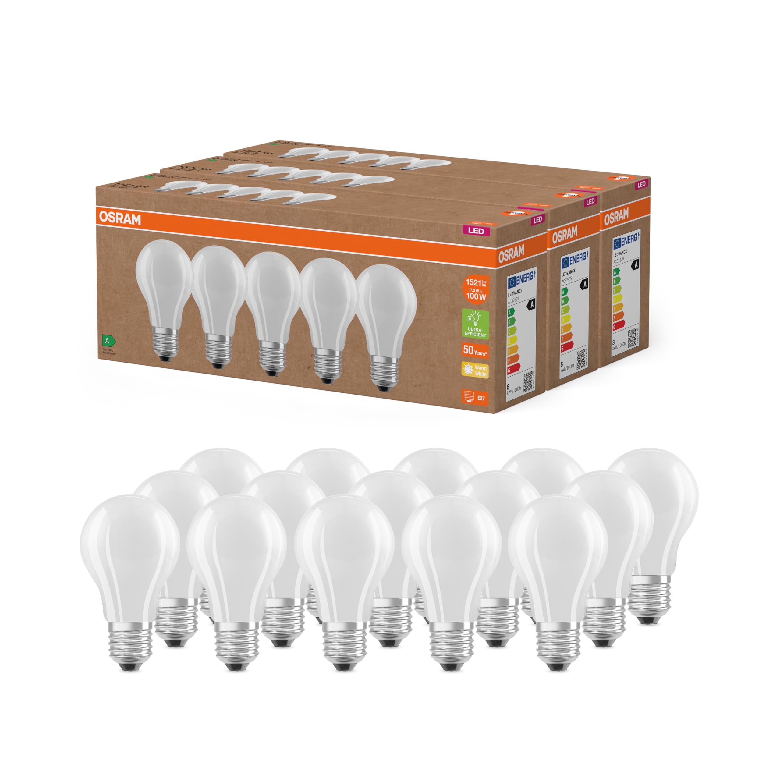 Osram Hocheffiziente LED Lampen mit Energieeffizienz Klasse A, Vorteilspack mit 15 Leuchtmittel, ersetzt herkömmliche 100W Glühbirnen, warmweiß(2700K), E27, mattes Glas