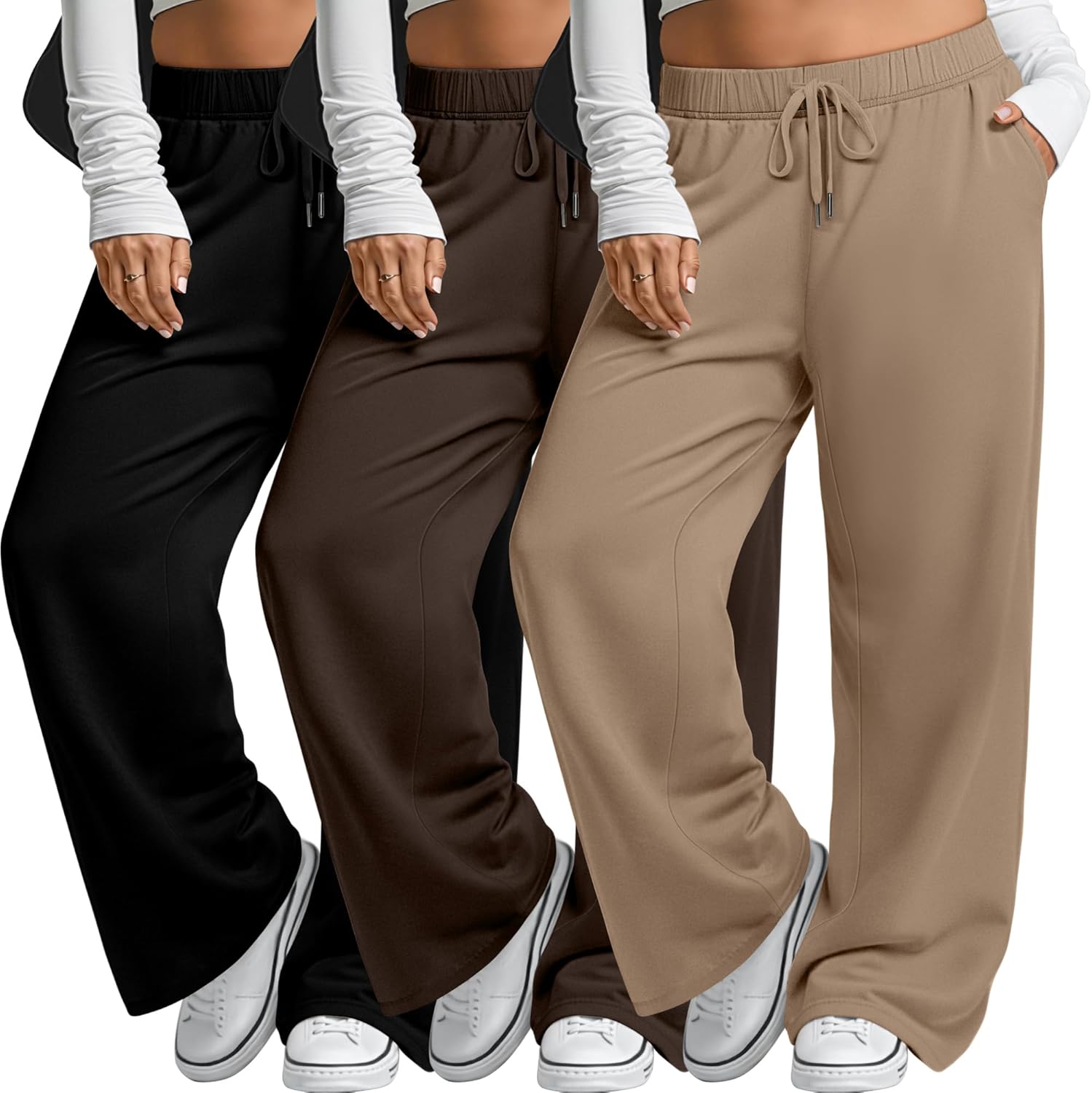 Velvelhall 3 Pack Women's Plus Size Wide Leg Pants Drawstring Lounge Pants with Pockets Loose Yoga Sweatpants Casual Jogger