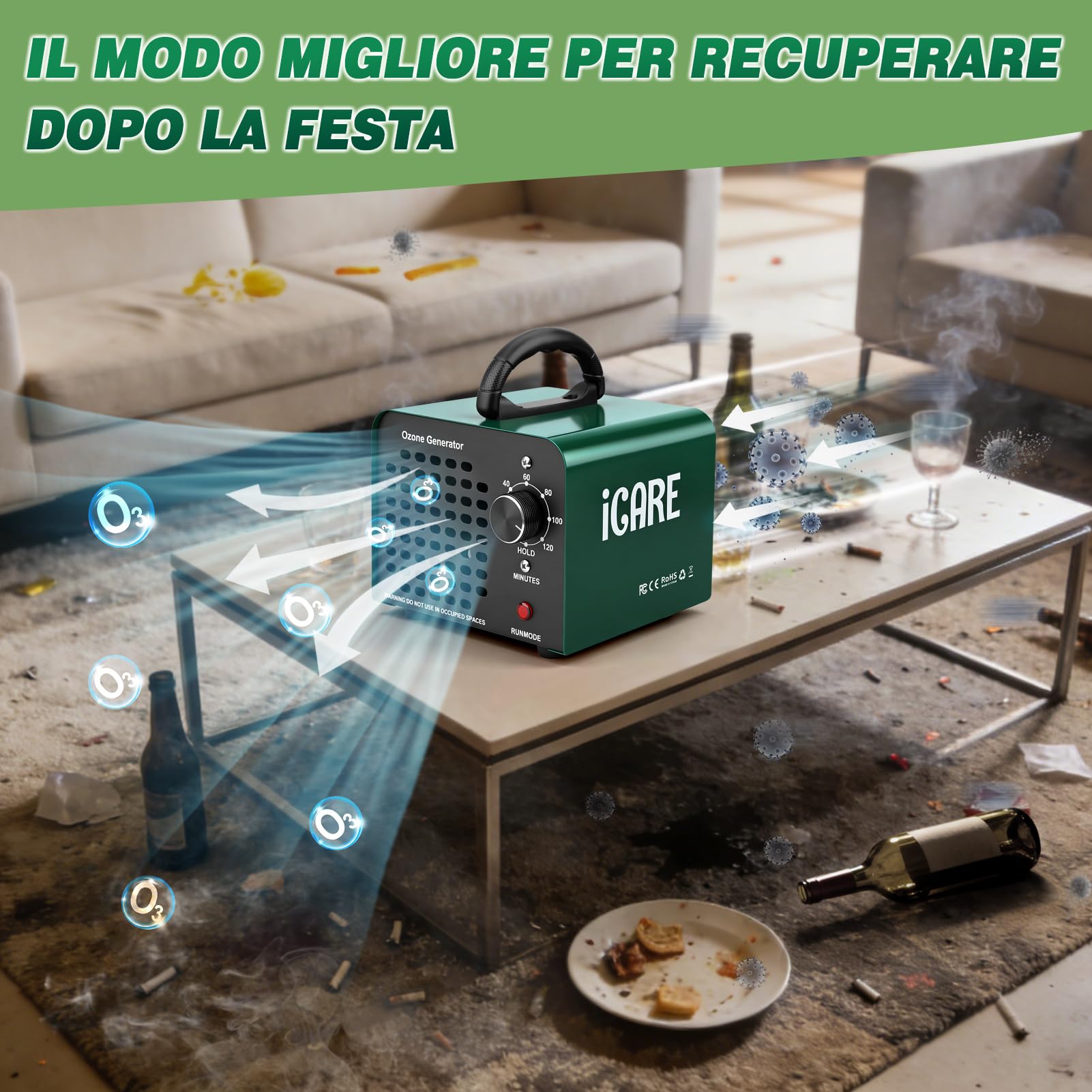 ICARE Generatore di Ozono 30000 mg/h, Purificatore d'Aria Professionale | Macchina Ozono Deodorante Fino a 300㎡, Alta Capacità O3, Timer 120 Min, Ozonizzatore per Casa Ambienti, Auto, Uffici, Hotel