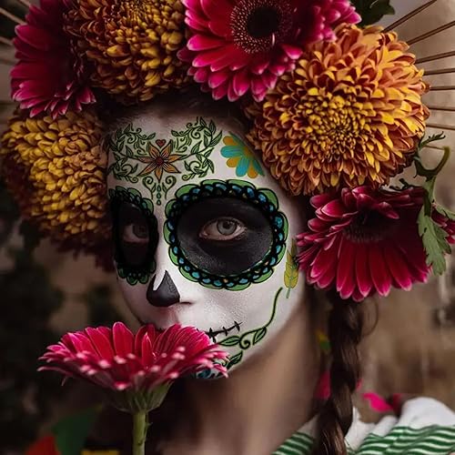 Calcomanías de tatuajes temporales de cara del Día de los Muertos, 9 hojas de calavera de azúcar, rosas rojas, calcomanías de maquillaje de cara
