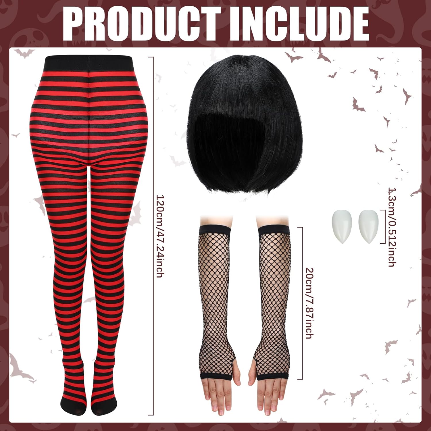 Jiuguva 6 Pcs Halloween Vampire Cosplay Costume for Women Black and Red Legging Black Dresses Vampire Fangs Gloves Wig Cape