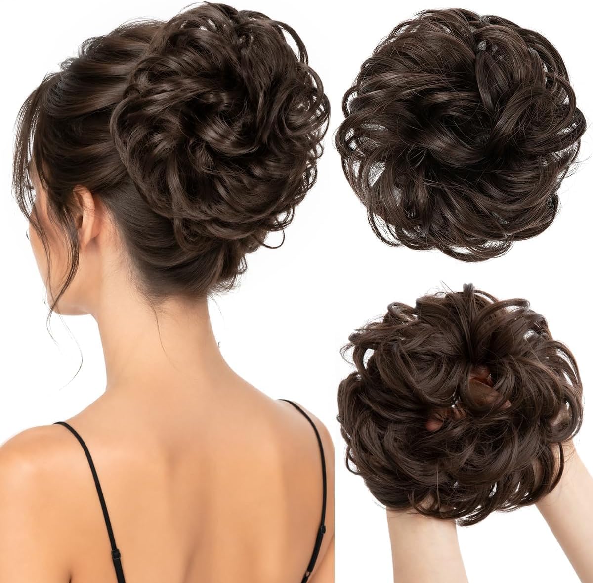 CJL HAIR Large Messy Bun Hair Piece Wavy Curly Scrunchies Synthetic Chignon Ponytail Hair Extensions Thick Updo Hairpieces for Women Dark Brown