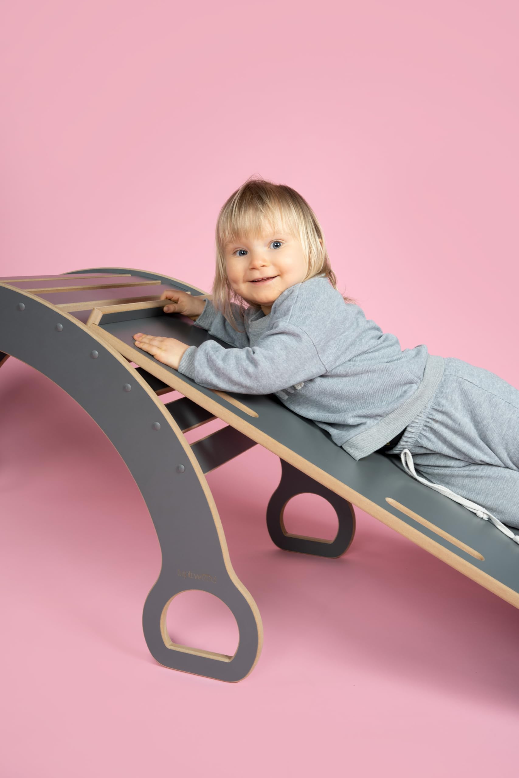 Montessori Schaukelstuhl 3in1 Großes Holz Kletterset für Kinder Rutsche Leiter Spielplatte Fördert Motorik Entwicklung (Grau)