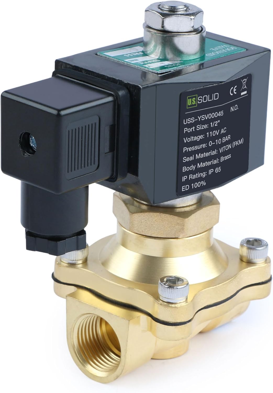 U.S. Solid 1/2" Brass Solenoid Valve -110V 120V AC, Normally Open, 145 PSI Electric Valve for Water, Air, Diesel