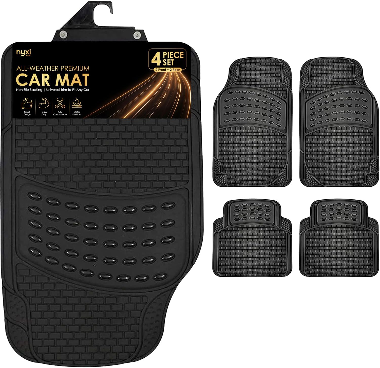 Nyxi 4 Piece Rubber Car Mat (Front + Rear) Universal Non-Slip Deep Dish Heavy Duty for Cars SUV Truck and VAN, Water Proof, All Weather