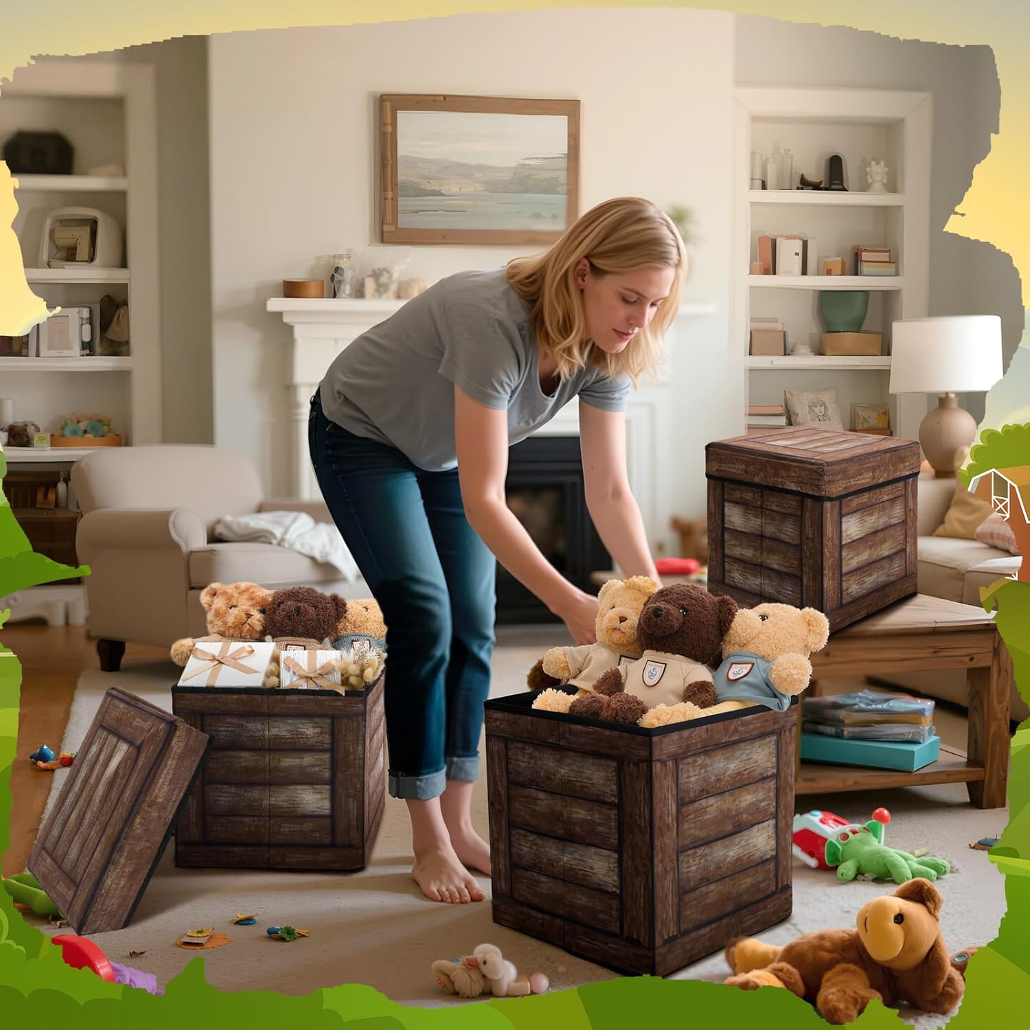 Novabright 3 Pack Western Cowboy Party Decorations Tree Stump Storage Stools 12 Inch Wood Grain Boxes Decor with Lid Collapsible Storage Box with Foam Cushion Cowboy Theme Party Supplies