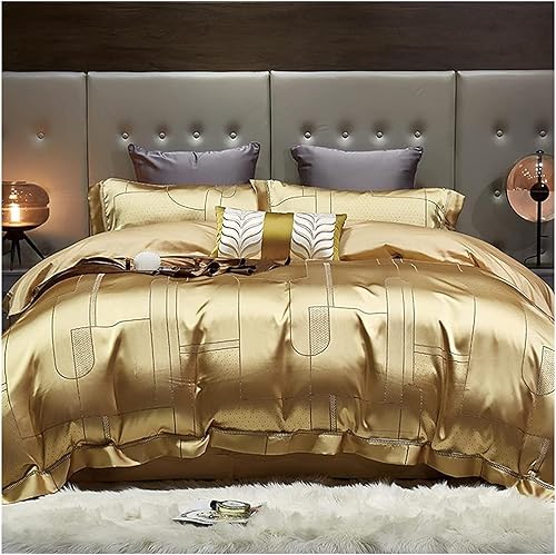 Miniatura 1 de Juego de ropa de cama clásica de satén de algodón con funda de edredón jacquard dorada a juego de sábanas sedosas de seda para cama doble, Queen