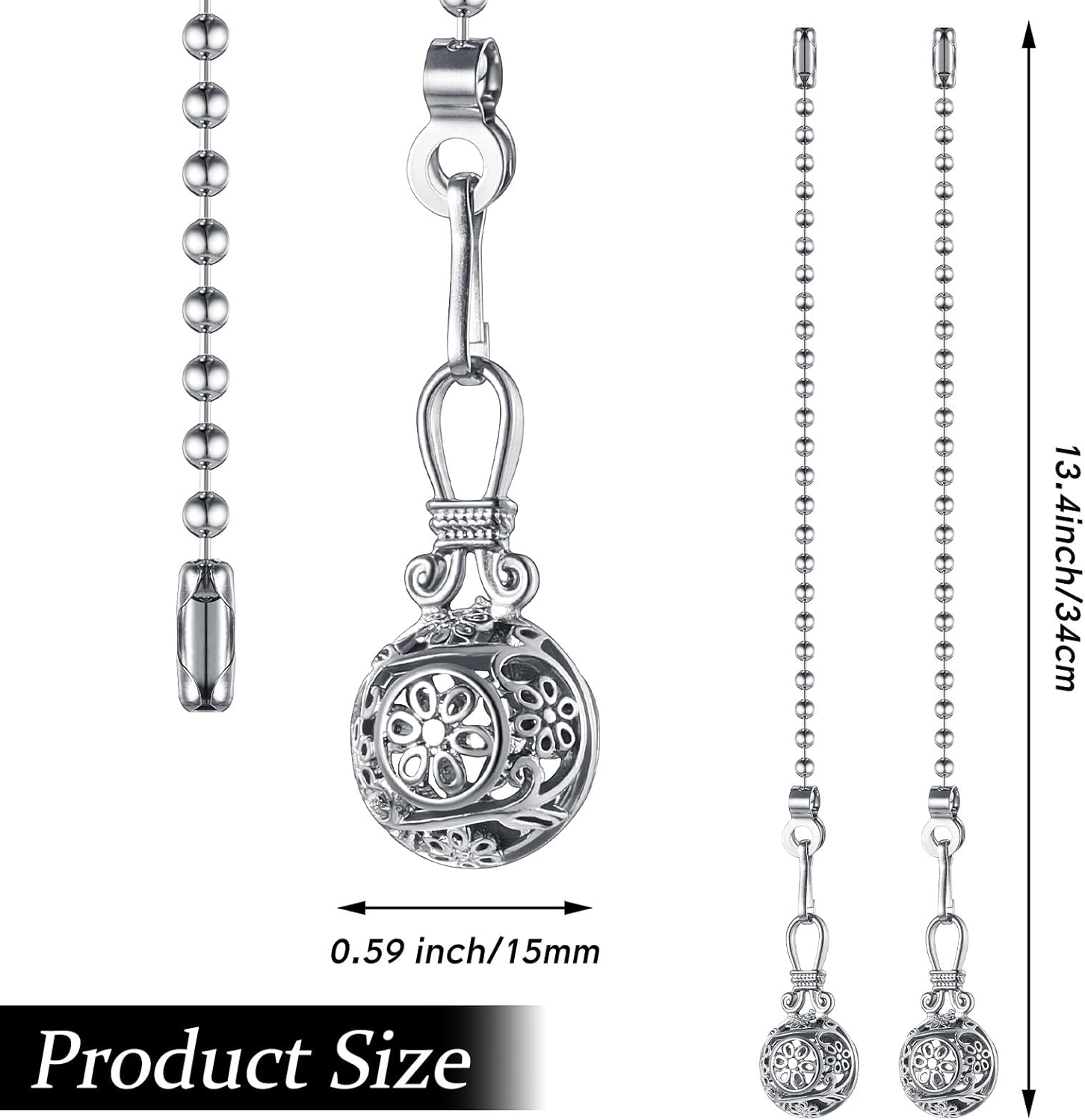 Yaomiao 4 Pack Ceiling Fan Pull Chain Extension Decorative Light Fan Pendant Chain Set 13 Inch Ornaments Extender Vintage Hollow Pulls with Beaded Ball Connector for Ceiling Fans Decor (Silver Color)