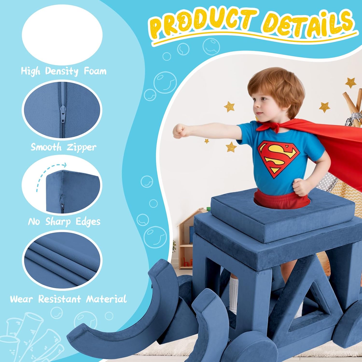 16PCS Modular Kids Play Couch Versatile Toddler Sofa Bed with Washable Covers Convertible Foam Sofa for Playroom Bedroom Creative Fort Building Set for Boys & Girls (Blue)