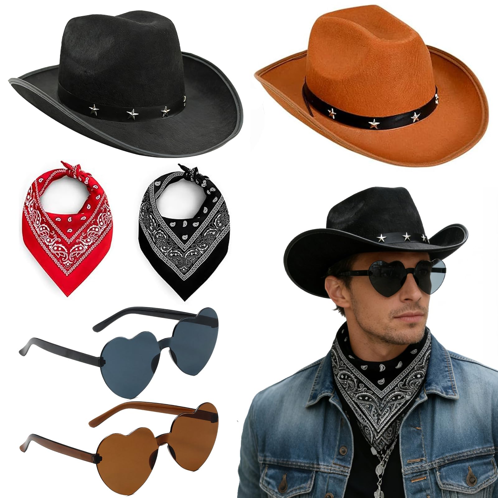 Lirynox Unisex Cowboy Hats Pack, 6 Pcs Western Cowboy Hat with Bandana and Heart Sunglasses, Wild West Adults Cowboy Costume for Wedding Bachelorette Birthday Party Costume Accessory