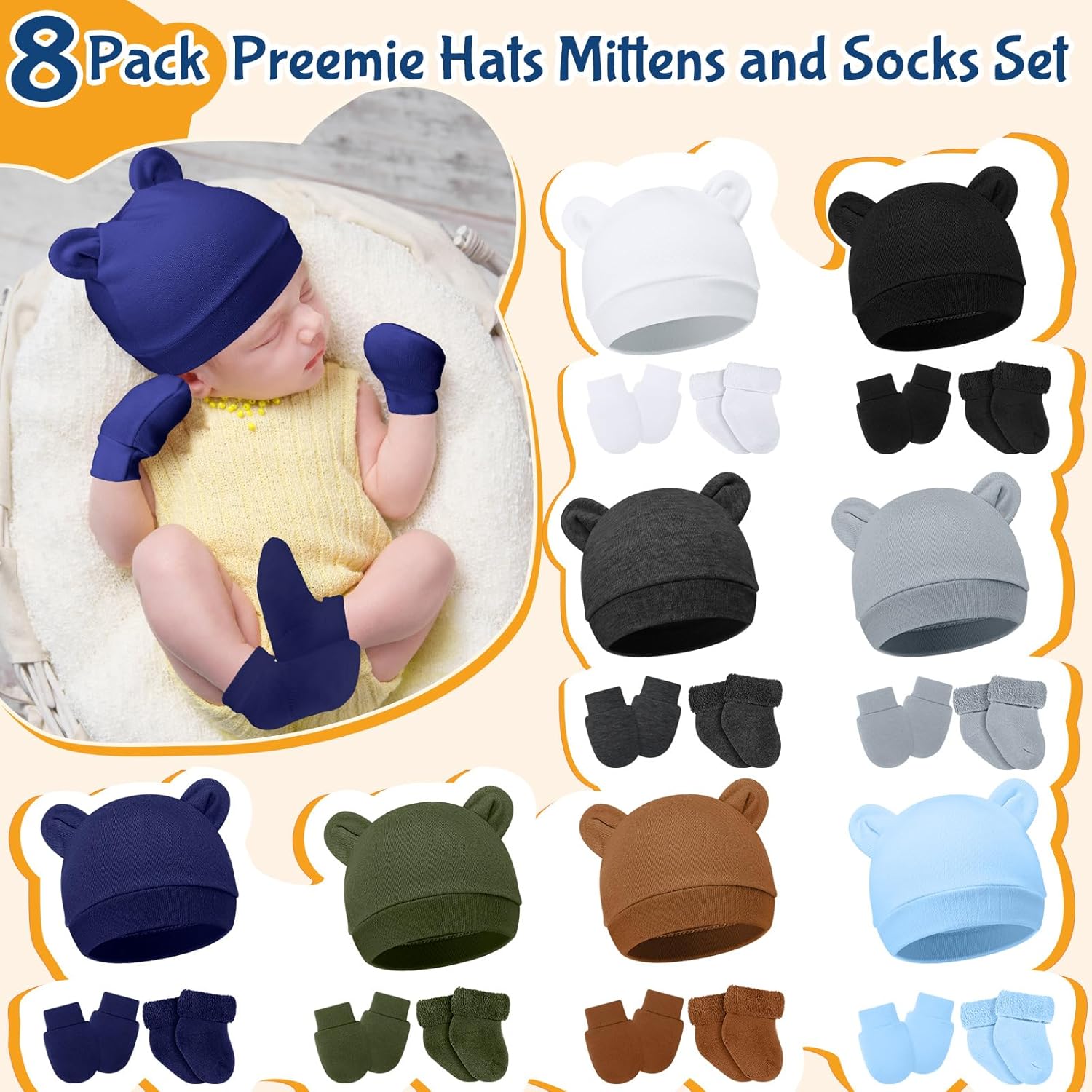 Geyoga 8 Pack Preemie Hats Mittens and Socks Set for Premature Baby Boys Girls Nicu Newborn Gifts Essentials