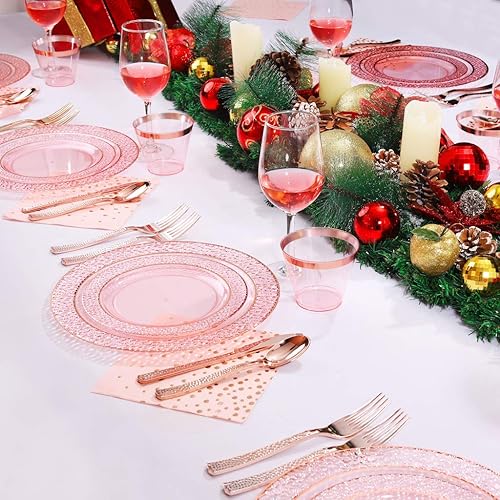 Miniatura 3 de Nervure 175 platos de plástico color oro rosa transparente, platos desechables color rosa y 100 servilletas de papel rosa con bolsillo integrado