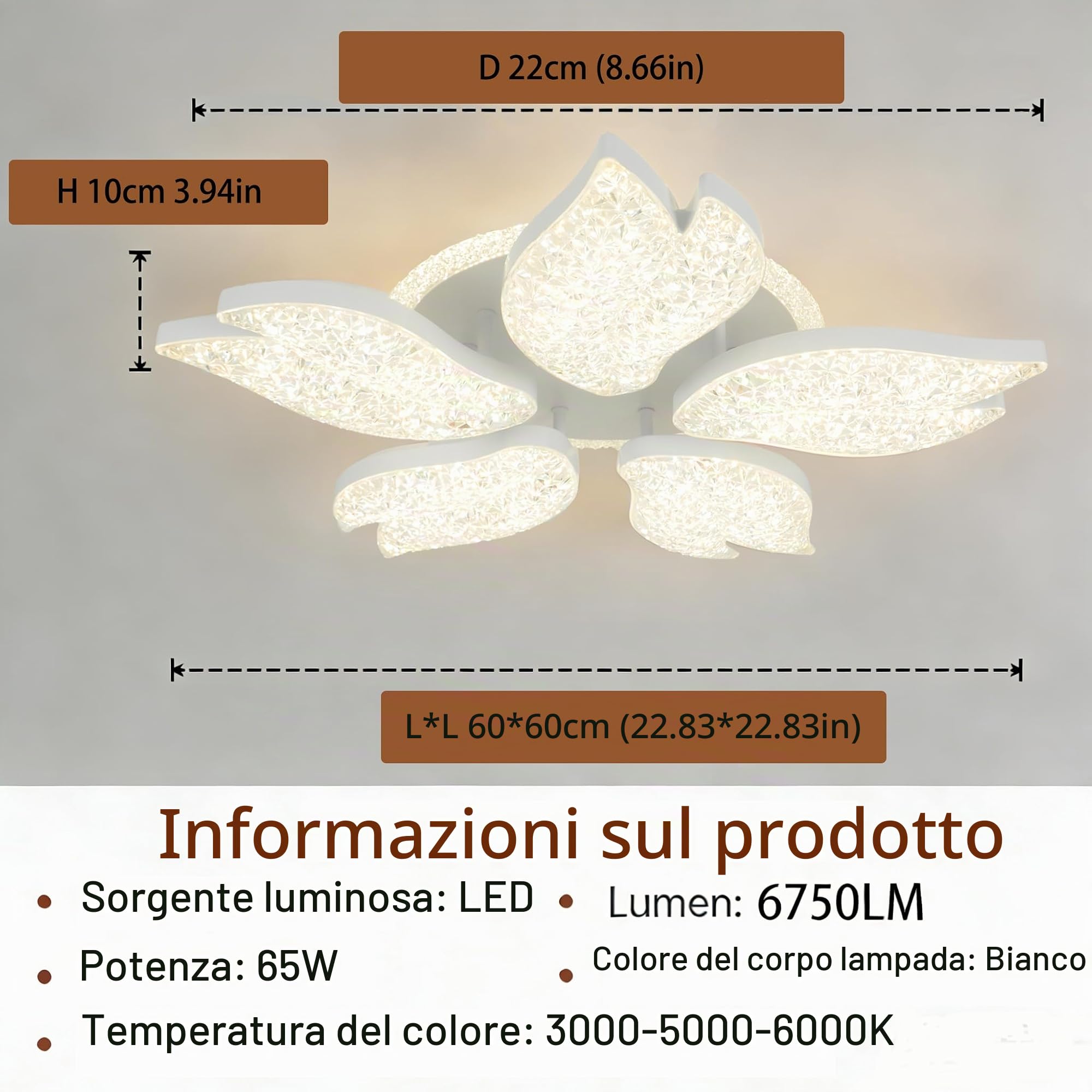 Lampadario Soggiorno Moderno con Telecomando e APP,Plafoniera Led soffitto con modalità di memoria e Timing,65W, 6750LM,3000K-6000K,Illuminazione da Soffitto (Bianco, 60 * 60 * 10)