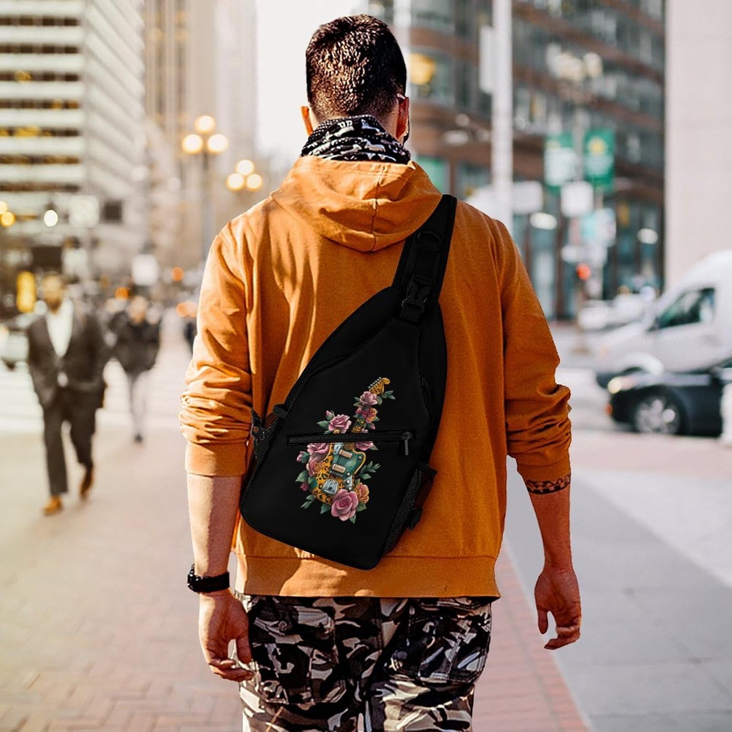 Leopard Guitar Men Crossbody Sling Backpack Chest Bag | Travel Fanny Pack,Hiking Daypack,Print Shoulder Bags