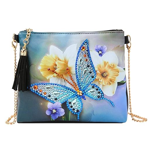 Diamond Painting Kits for Kids & Adult Cross-Body Handbag with Chain 5D DIY Rhinestone Cross Stitch Arts Craft Makeup Shoulder Bag Zipper for Christmas Gift Ross Beauty (Butterfly)