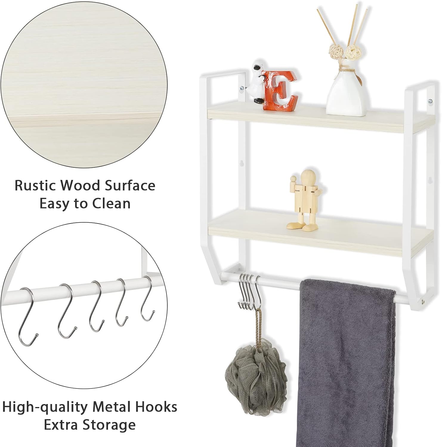 OYEAL Bathroom Shelf with Towel Bar Wall Mounted Towel Rack Rustic Towel Shelf for Bathroom with 5 Hooks, 2 Tier Shelf Storage Organizer for Living Room, Kitchen, Bedroom, White