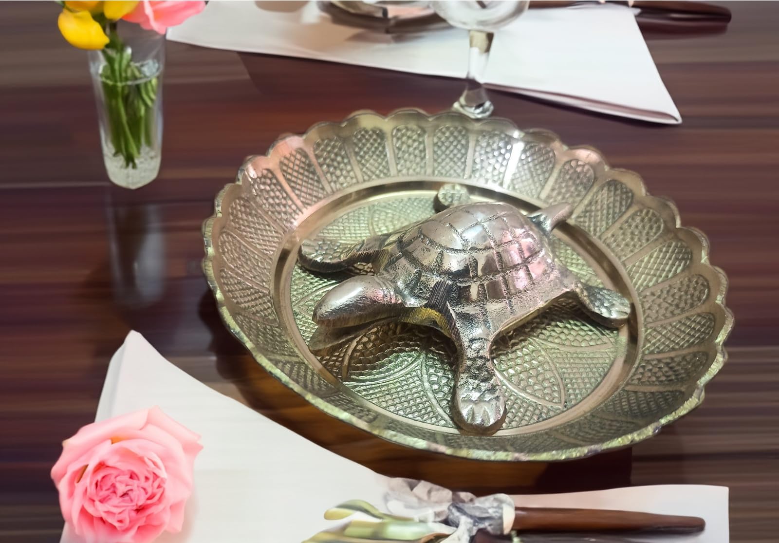 Om ShreeJee Decor Pure Brass MaaLaxmi Turtle Kachua Tortoise with Plate Pond for Feng Shui and Vastu Astrology for Career and Good Luck, Wealth & Success in Business (Heavy, Weight 360 Grams) (Medium)