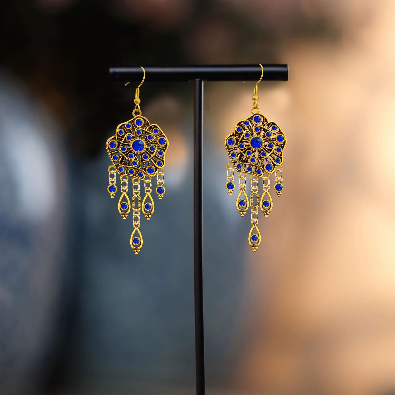 Bohemian Dainty Vintage Gold Crystal Teardrop Chandelier Lightweight Dangle Drop Earrings Retro Alloy Fringe Flower Hook Earrings For Women - Image 6