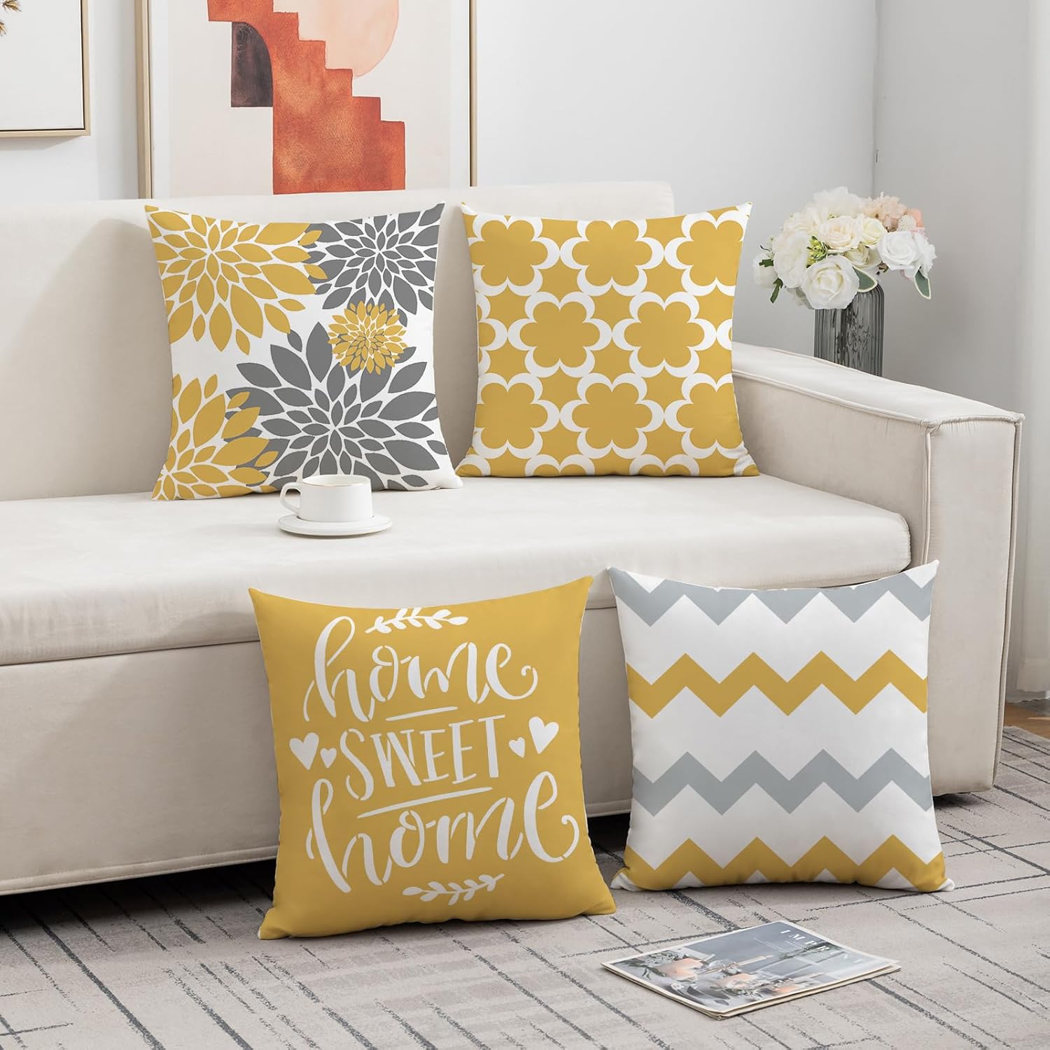 Yellow Farmhouse Pillow Covers 18 x 18 inch Set of 4 Spring Summer Pillow Covers Decorative Outdoor Geometric Cushion Covers for Patio Garden - Image 7