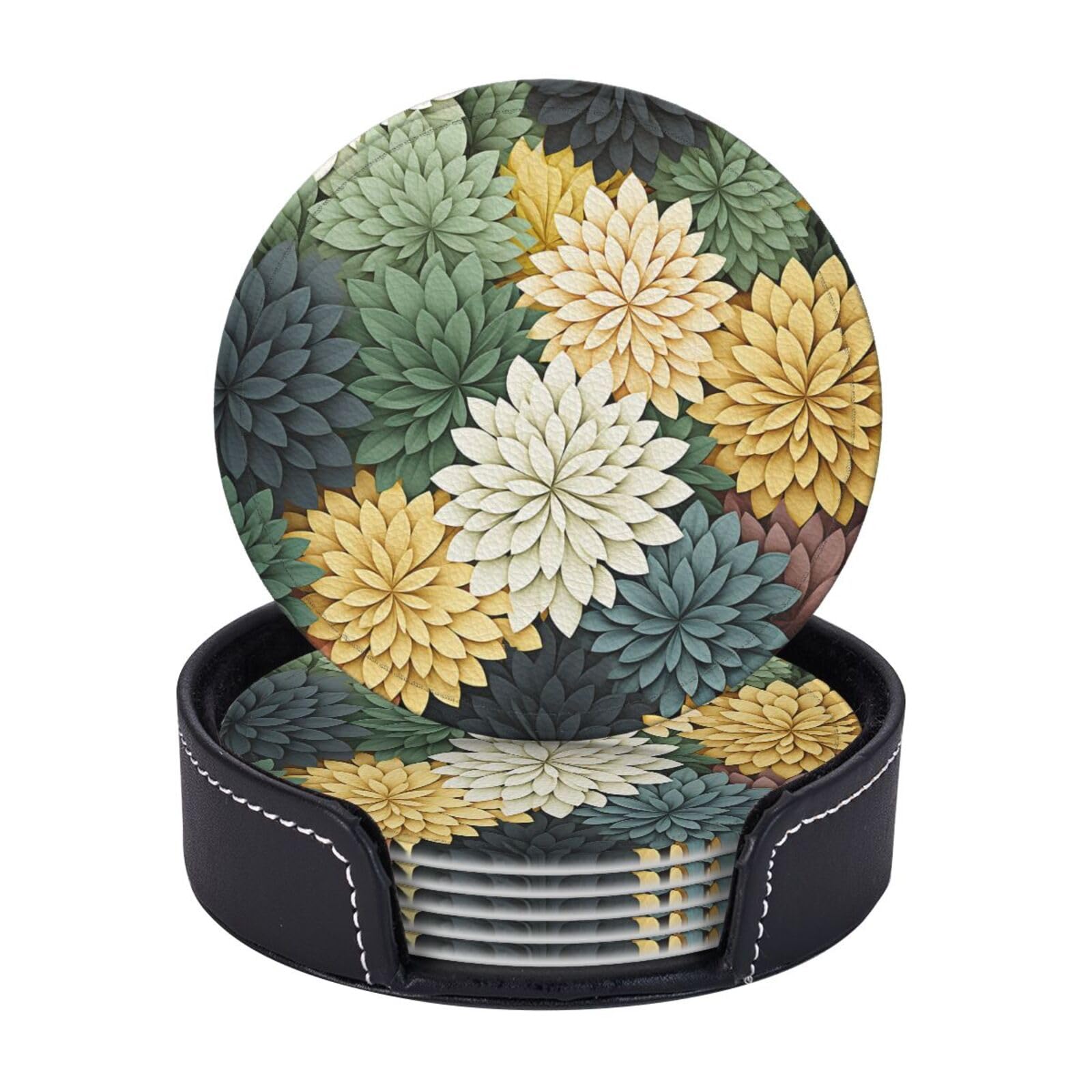 6Pcs PU Leather Coaster for Drinks, Petals Garden Leaves Cup Coasters with Holder, Aesthetic Drink Coasters for Coffee Table, Round Coaster for Tabletop Protection 4" Cup Mat Pad