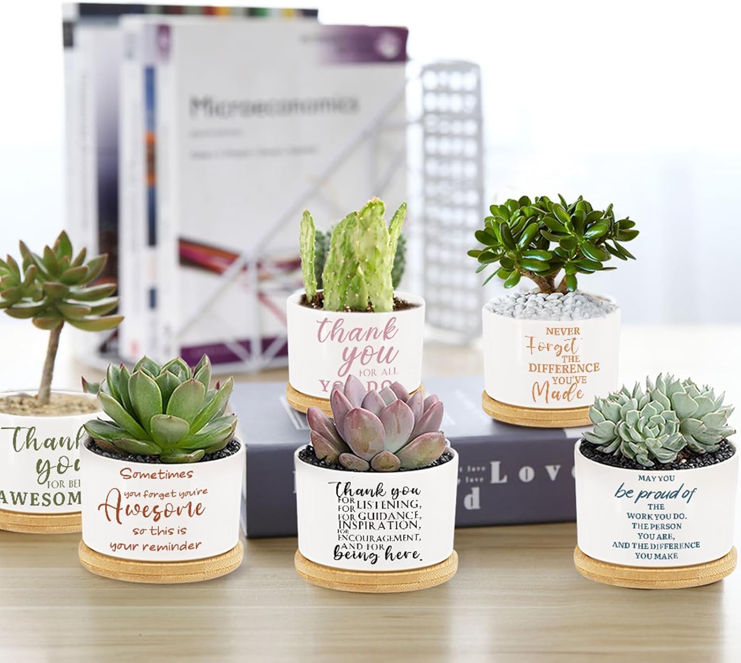 Tarklanda 6 Pcs Succulent Pots Thank You Gift Mini Ceramic Succulent Planters Pots with Bamboo Tray Succulent Pots Planters for Teacher Coworker Employee Nurse Friends Appreciation