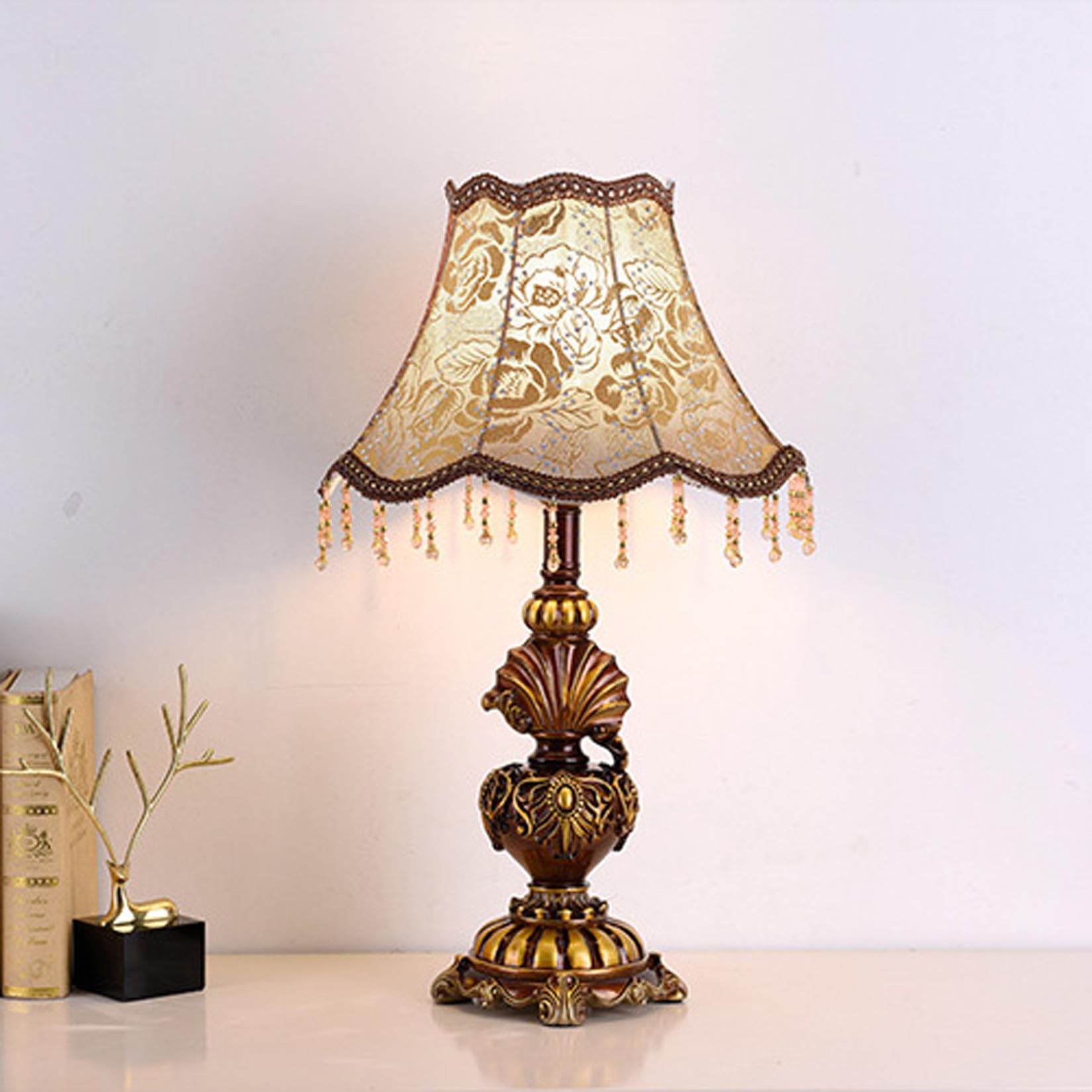 Gdlight B European Style Table Lamp Vintage Cloth Tassel Shade Edside Lamp Traditional Desk Lamp With Peacock Ase For Edroom Living Room, 55Cm Tall,