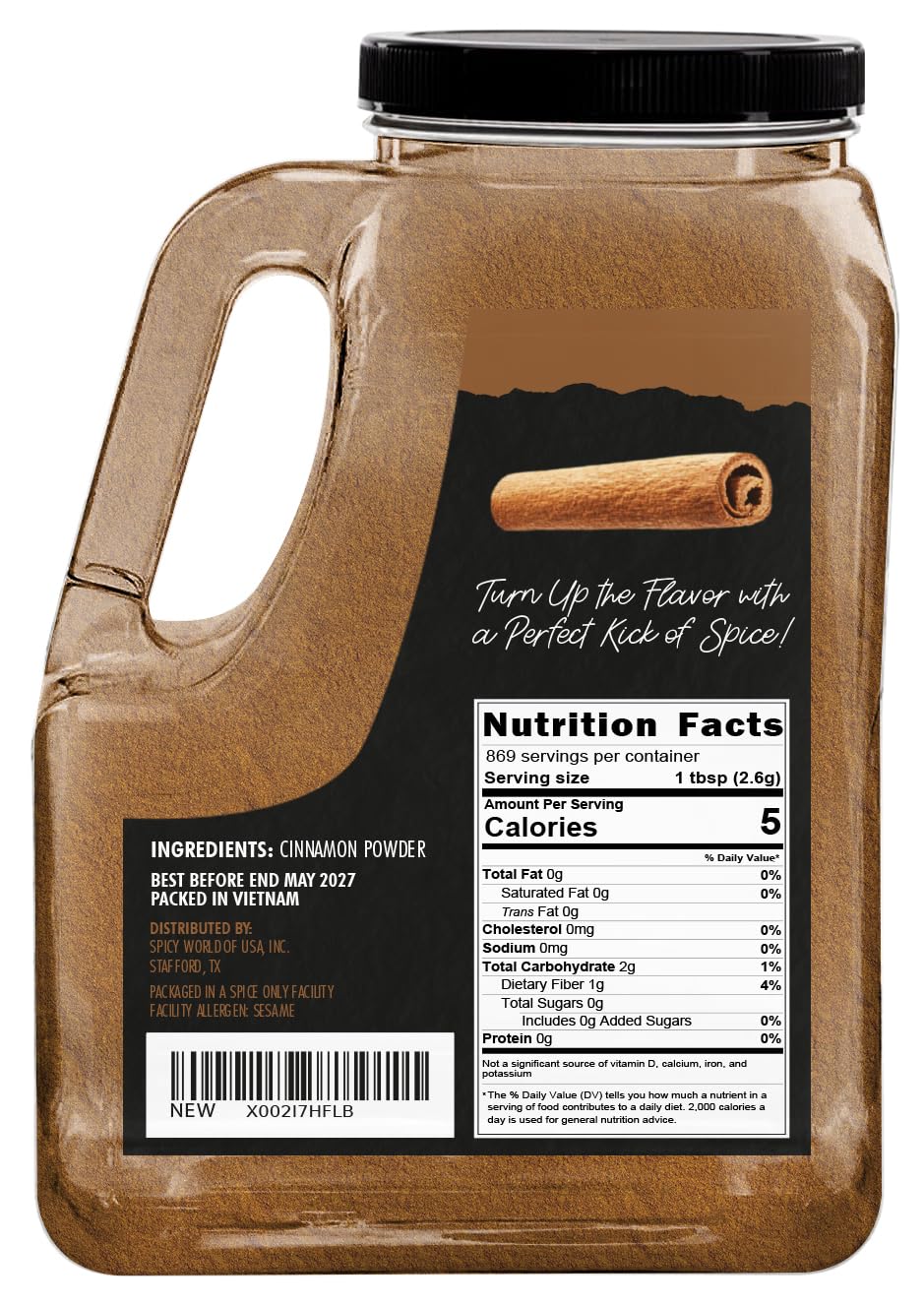 Spicy World Cinnamon Powder 5 LB Jar - Lab Tested for Lead - Ground Cassia Cinnamon Bulk, Great Authentic Spice for Coffee, Tea, Baking & Oatmeal, Rich Flavor & Aroma