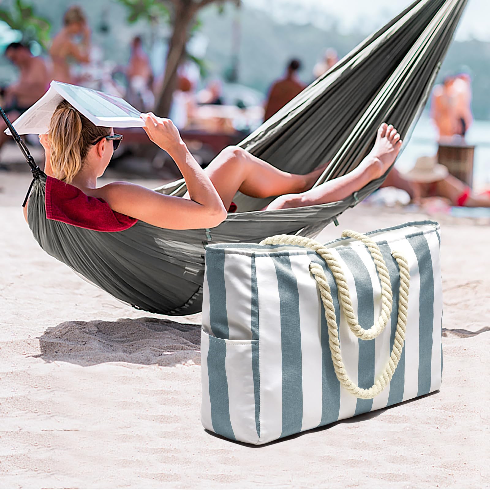 oscaurt Torba plażowa, wodoszczelna torba plażowa w paski, z zamkiem błyskawicznym, z kieszenią na mokro, duża torba plażowa dla kobiet