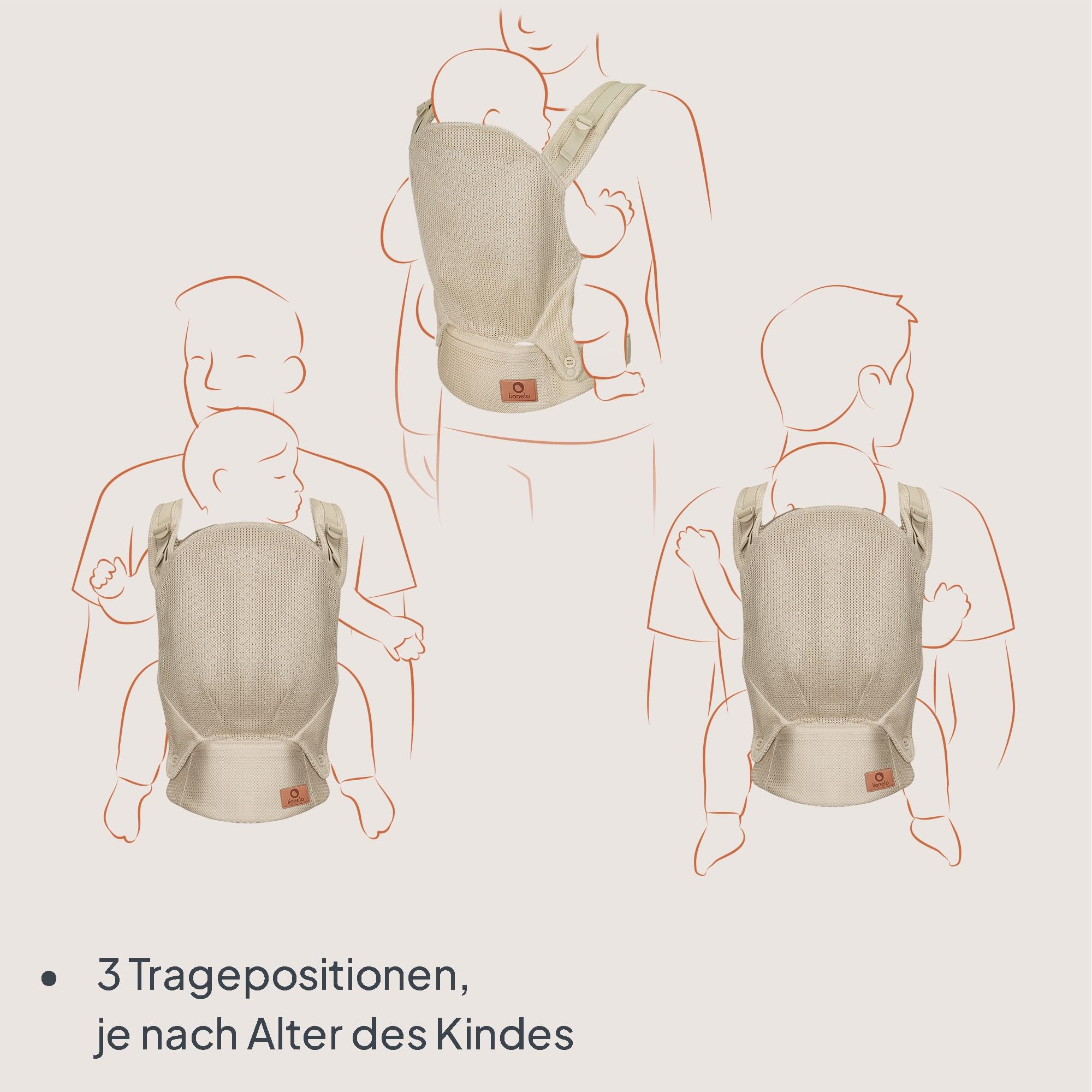 Lionelo Margareet Air Ergonomische Babytrage für Babys von 4 Monaten bis 20 kg, 3 Tragepositionen, atmungsaktives Material, abnehmbare Kapuze, doppelte Sicherheit