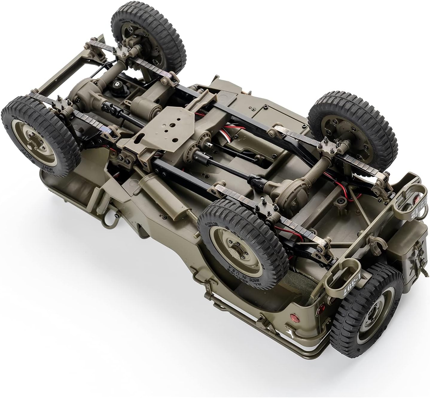 Underside view of the FCX RocHobby 1941 Willys MB Scaler RC Jeep chassis, showing the drivetrain, suspension, and axles.
