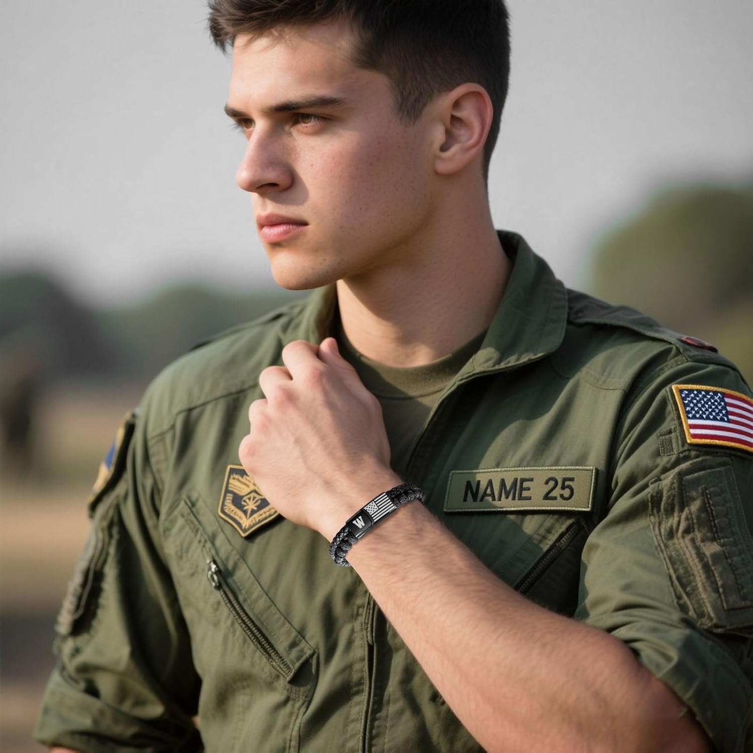 Leather Initial Bracelet for Men Gifts : Mens American Flag Black Lava Rock Braided Cord Letter Wristband for Valentines Birthday Christmas Male Jewelry Gift for Him Husband Dad Son Boyfriend - Image 7