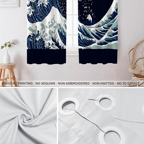 Miniatura 4 de Shrahala Cortinas opacas con ondas oceánicas negras, cortinas japonesas con aislamiento térmico con ojales en la parte superior, para sala de estar,