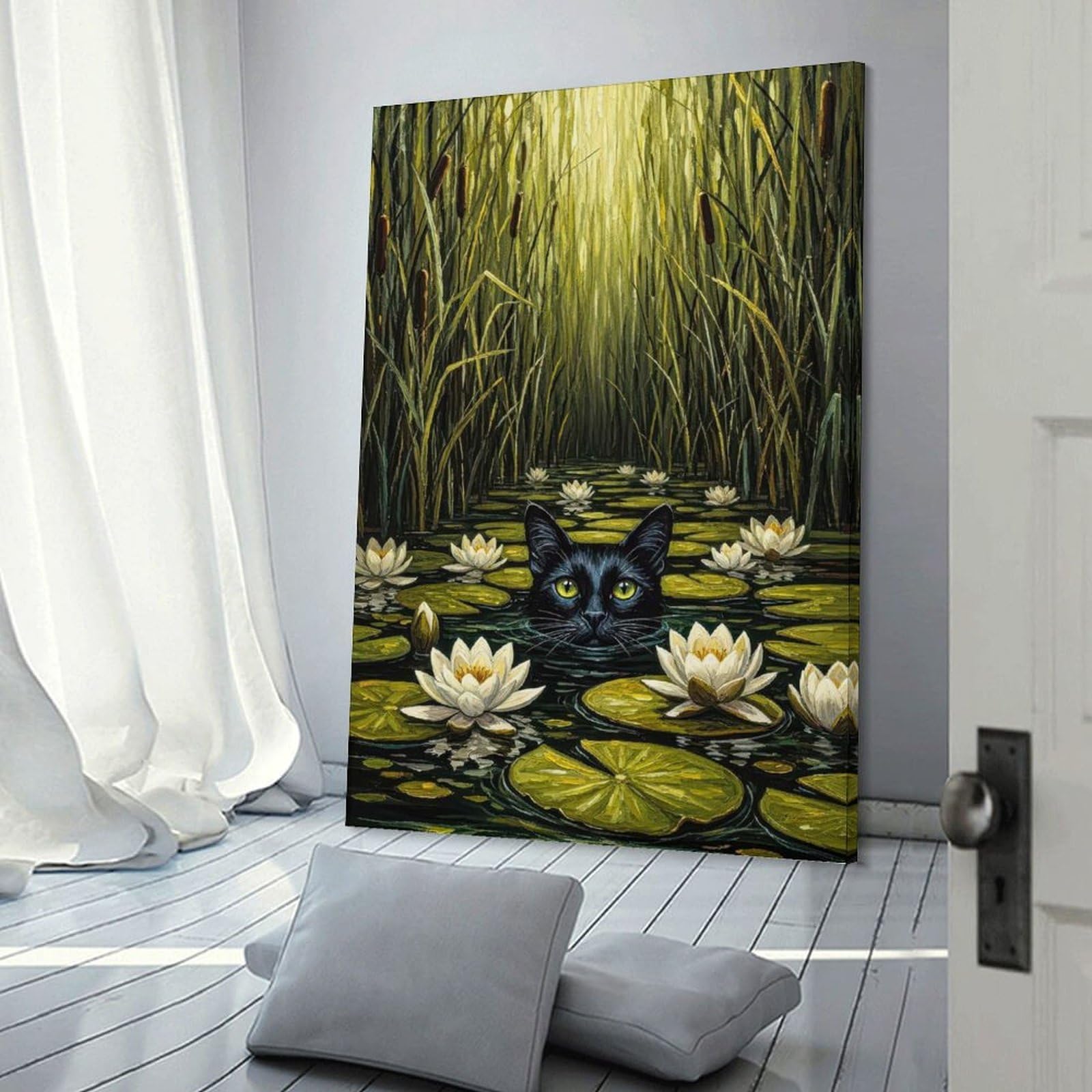 Junmoney Frame-Style-23 Black Cat In Lily Pond Painting Hanging Wall Art, 12X18inch(30X45cm), For Living Room, Bedroom, Office Or Hallway, Decorative Artwork With Broad Appeal