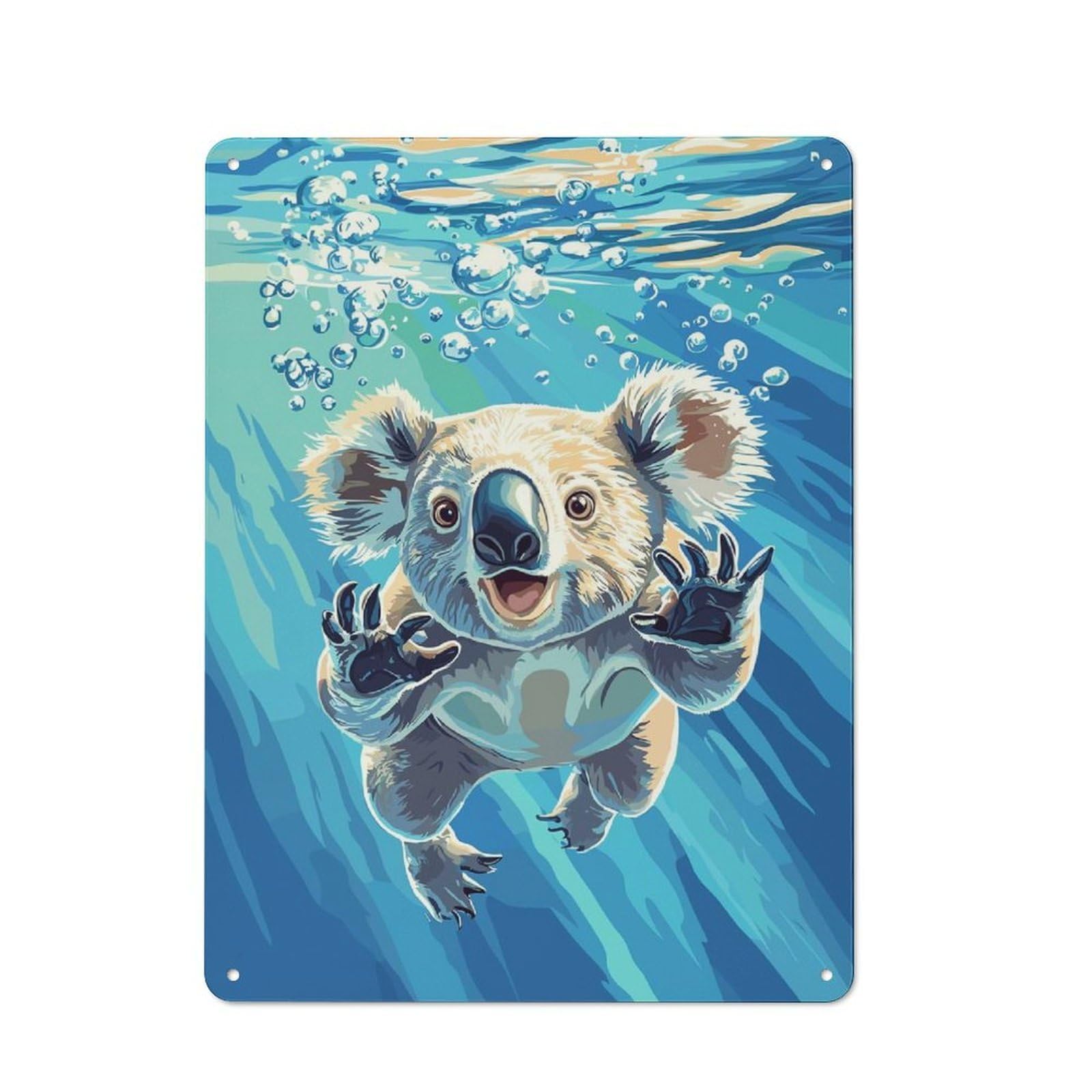 Junmoney Style-17 Workshop Style Underwater Koala Illustration Tin Sign 40X30cm, Workshop Wall Decor For Tool Room, Garage, Studio Or Home Bar
