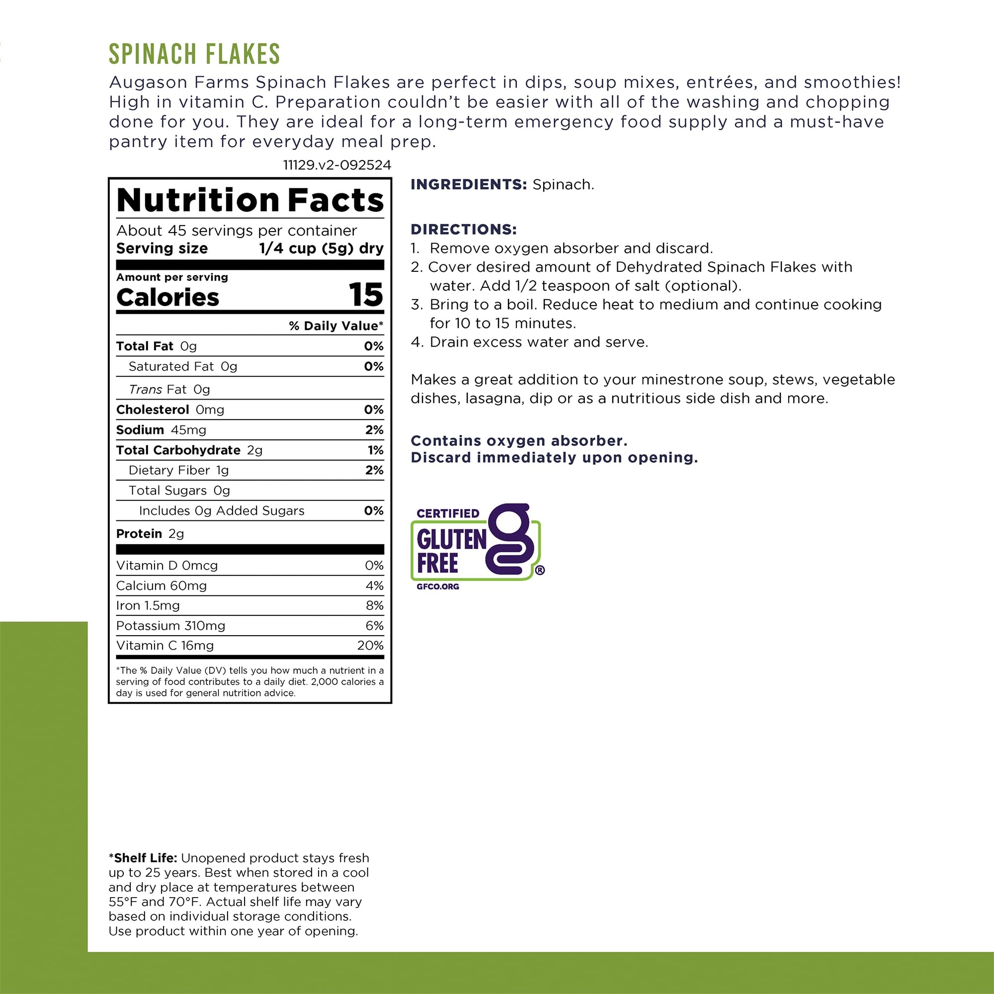 Augason Farms Dehydrated Spinach Flakes #10 Can, 8 oz